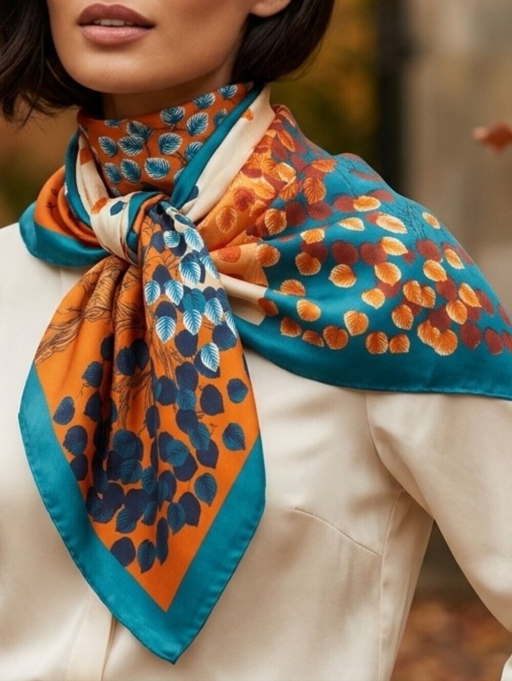 NWT Satin Neck Scarf Head Wrap Teal Orange Botanical Tree Foliage Print 35"